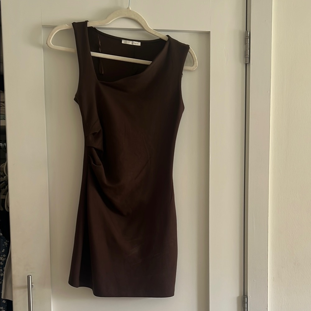 Zara Brown Ruched Cowl Neck Mini Dress